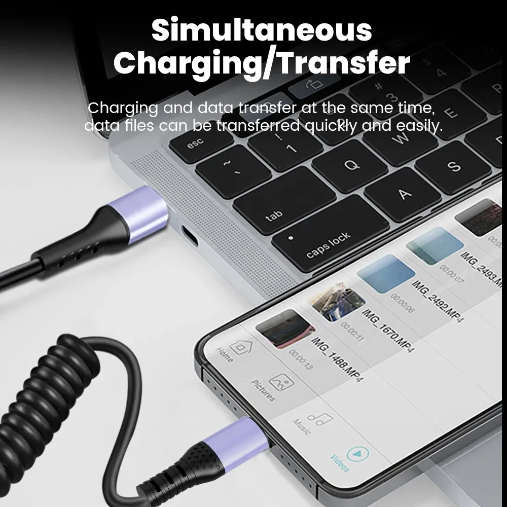 Câble USB-C vers USB-C à ressort pour voiture, 66W/100W, charge rapide, compatible iPhone 15, Huawei, Xiaomi et Samsung, 6A, court 4