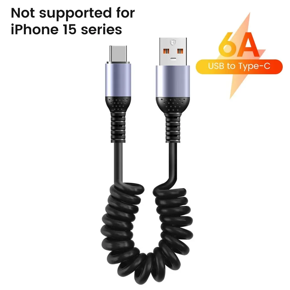 Câble USB-C vers USB-C à ressort pour voiture, 66W/100W, charge rapide, compatible iPhone 15, Huawei, Xiaomi et Samsung, 6A, court 10