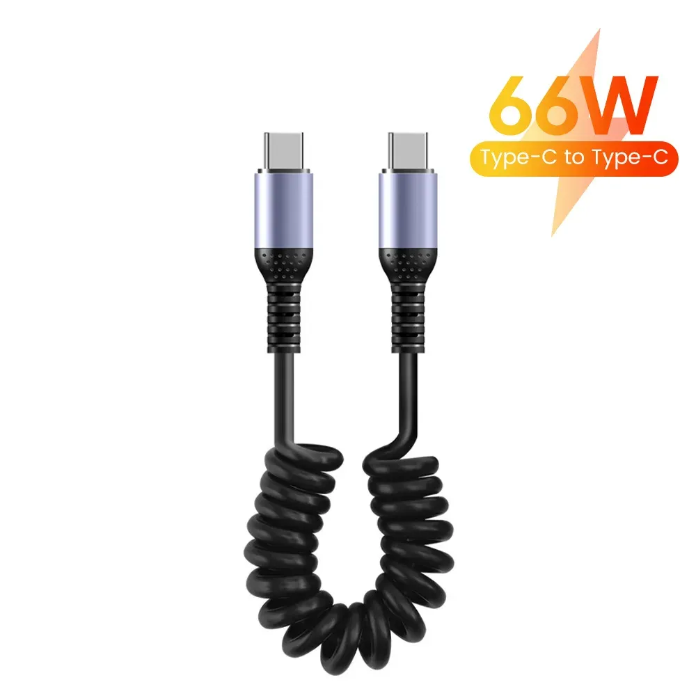 Câble USB-C vers USB-C à ressort pour voiture, 66W/100W, charge rapide, compatible iPhone 15, Huawei, Xiaomi et Samsung, 6A, court 11