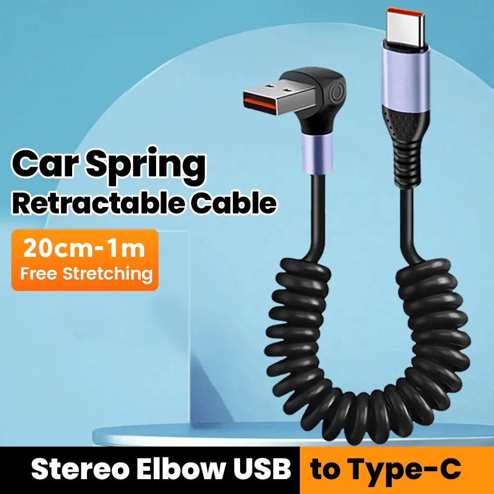 Câble USB-C vers USB-C à ressort pour voiture, 66W/100W, charge rapide, compatible iPhone 15, Huawei, Xiaomi et Samsung, 6A, court 7