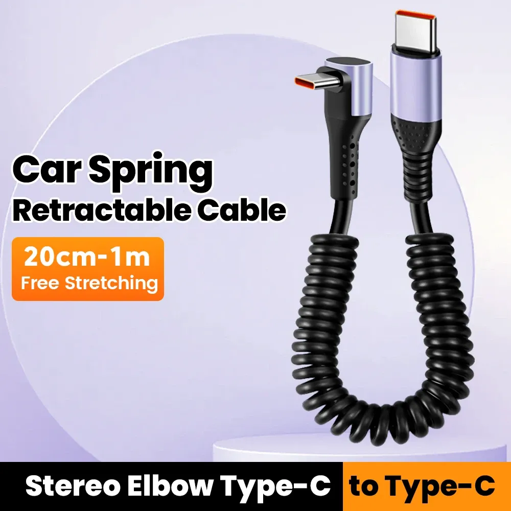 Câble USB-C vers USB-C à ressort pour voiture, 66W/100W, charge rapide, compatible iPhone 15, Huawei, Xiaomi et Samsung, 6A, court 8