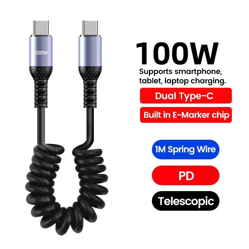 Câble USB-C vers USB-C à ressort pour voiture, 66W/100W, charge rapide, compatible iPhone 15, Huawei, Xiaomi et Samsung, 6A, court 9