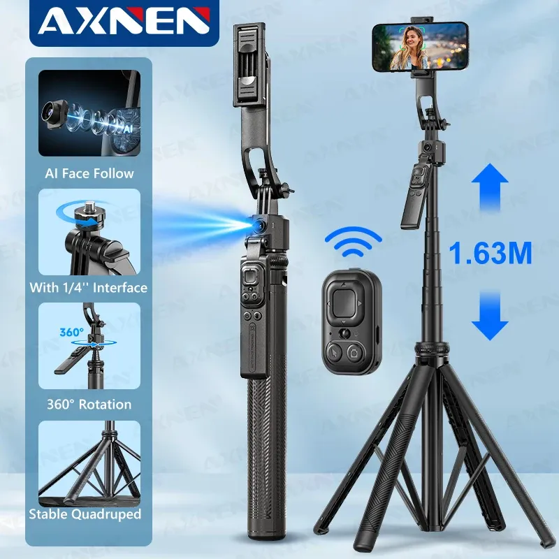 Perche à selfie trépied C17, rotation automatique à 360°, support de téléphone quadripode, télécommande Bluetooth, 64 po