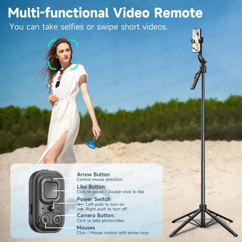 Perche à selfie trépied C17, rotation automatique à 360°, support de téléphone quadripode, télécommande Bluetooth, 64 po 3