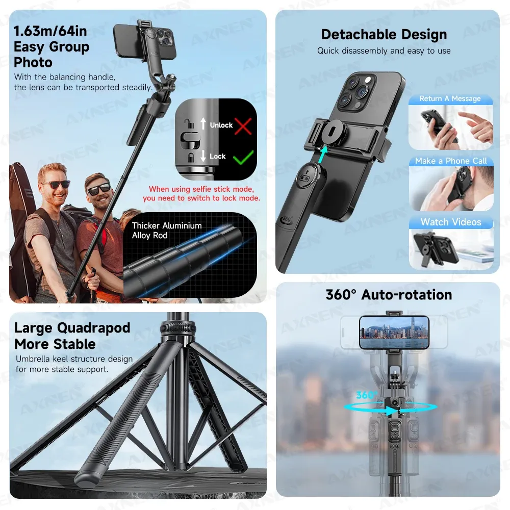Perche à selfie trépied C17, rotation automatique à 360°, support de téléphone quadripode, télécommande Bluetooth, 64 po 2