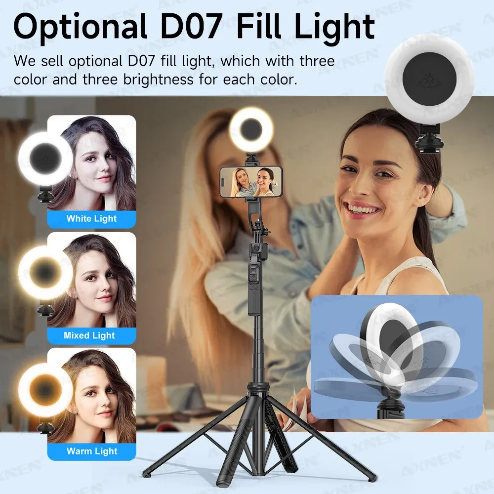 Perche à selfie trépied C17, rotation automatique à 360°, support de téléphone quadripode, télécommande Bluetooth, 64 po 5