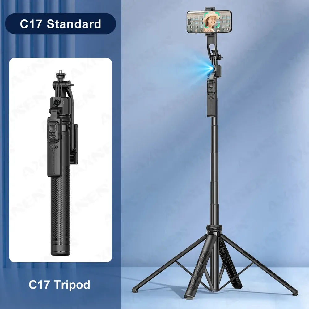 Perche à selfie trépied C17, rotation automatique à 360°, support de téléphone quadripode, télécommande Bluetooth, 64 po 7