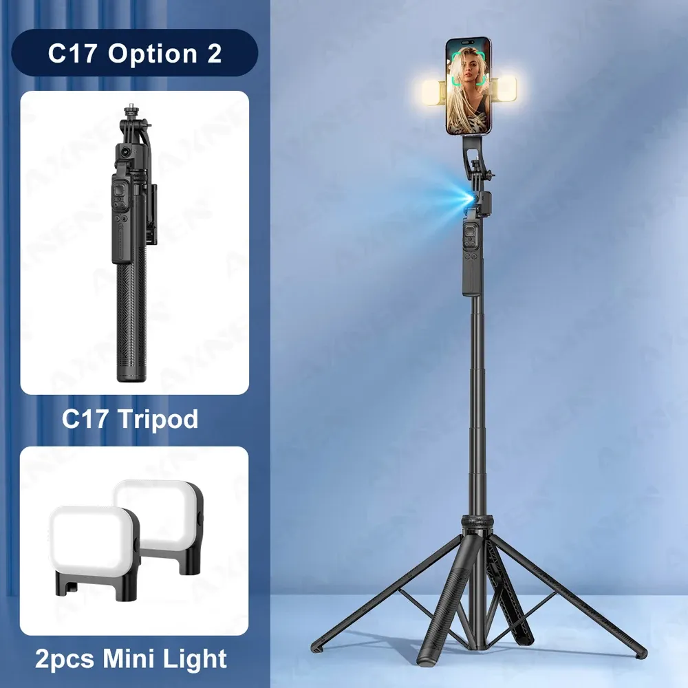 Perche à selfie trépied C17, rotation automatique à 360°, support de téléphone quadripode, télécommande Bluetooth, 64 po 8