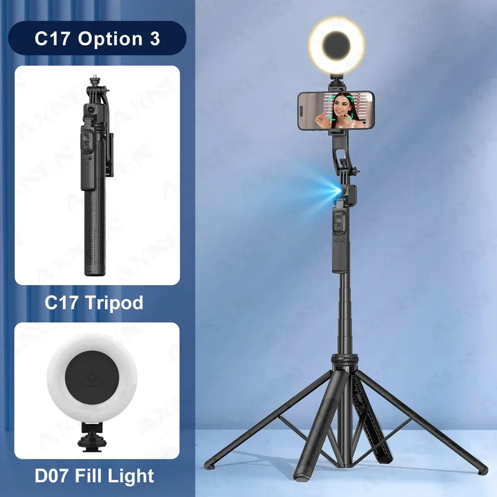 Perche à selfie trépied C17, rotation automatique à 360°, support de téléphone quadripode, télécommande Bluetooth, 64 po 9