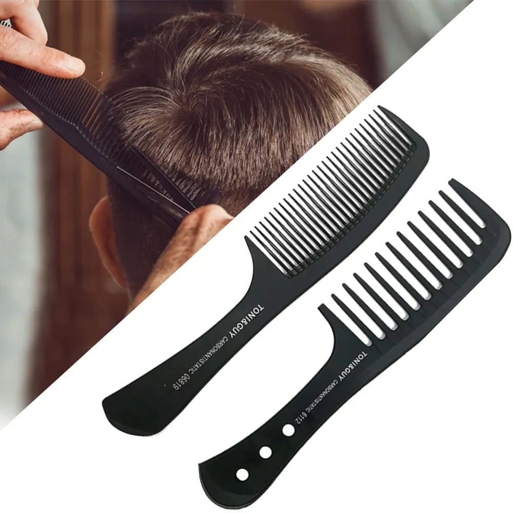 Peigne plat noir à dents larges en carbone pour coupe de cheveux homme, usage professionnel en salon de coiffure 5