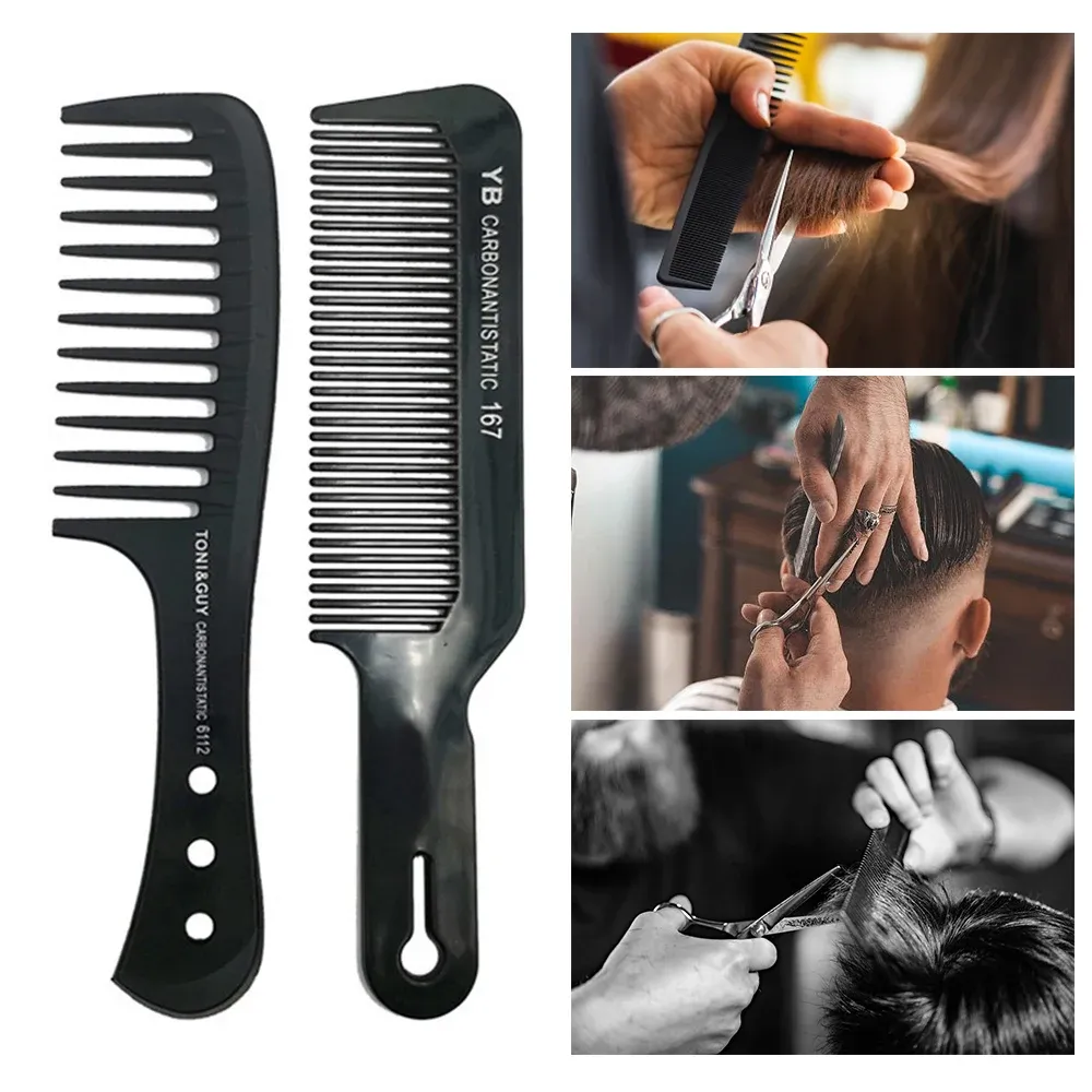 Peigne plat noir à dents larges en carbone pour coupe de cheveux homme, usage professionnel en salon de coiffure 6