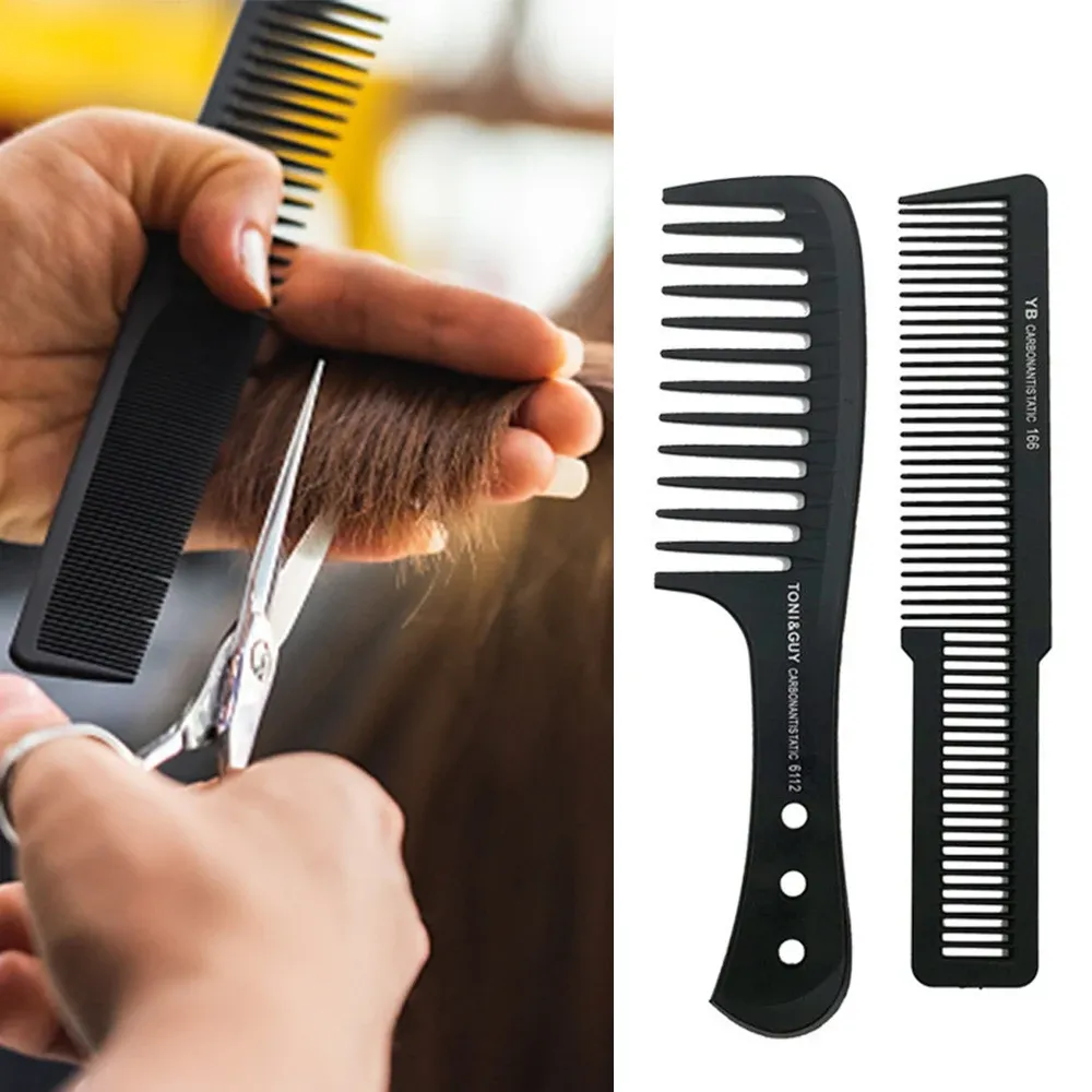 Peigne plat noir à dents larges en carbone pour coupe de cheveux homme, usage professionnel en salon de coiffure 16