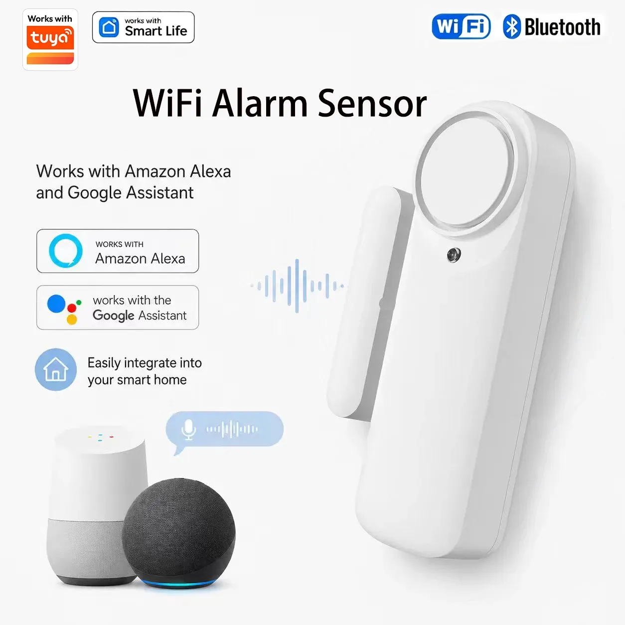 Capteur intelligent d'ouverture de porte et fenêtre Tuya Wi-Fi et Bluetooth, compatible Alexa et Google Assistant