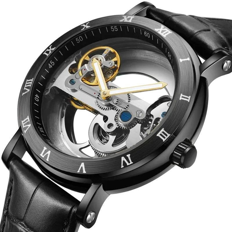 Montre squelette automatique pour homme, bracelet en cuir, étanche 1