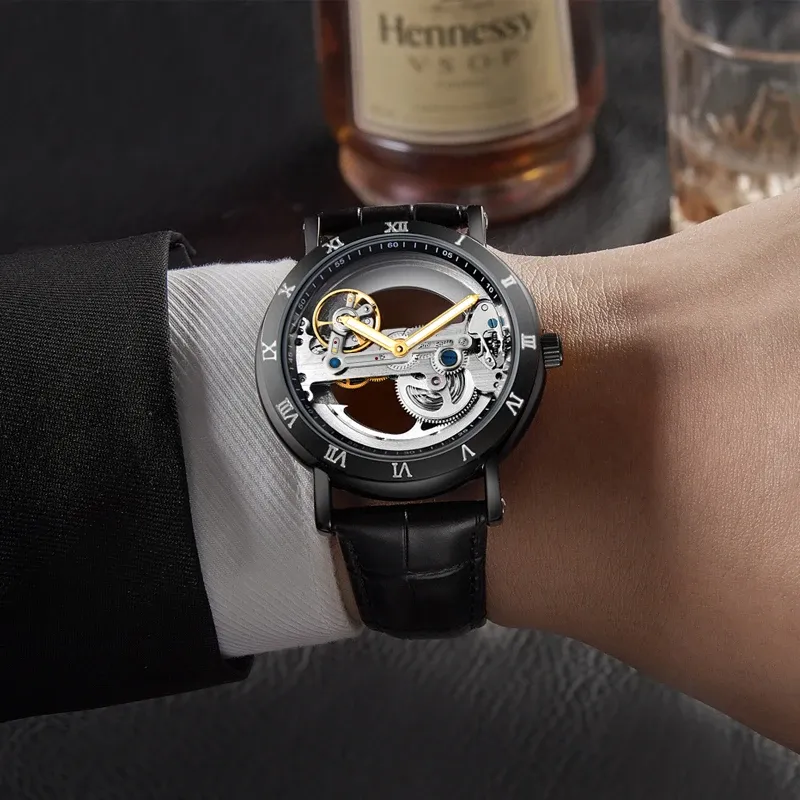 Montre squelette automatique pour homme, bracelet en cuir, étanche 2