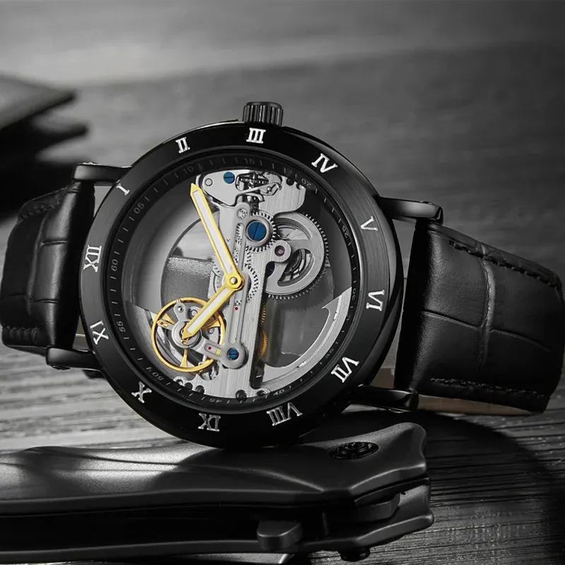 Montre squelette automatique pour homme, bracelet en cuir, étanche 4