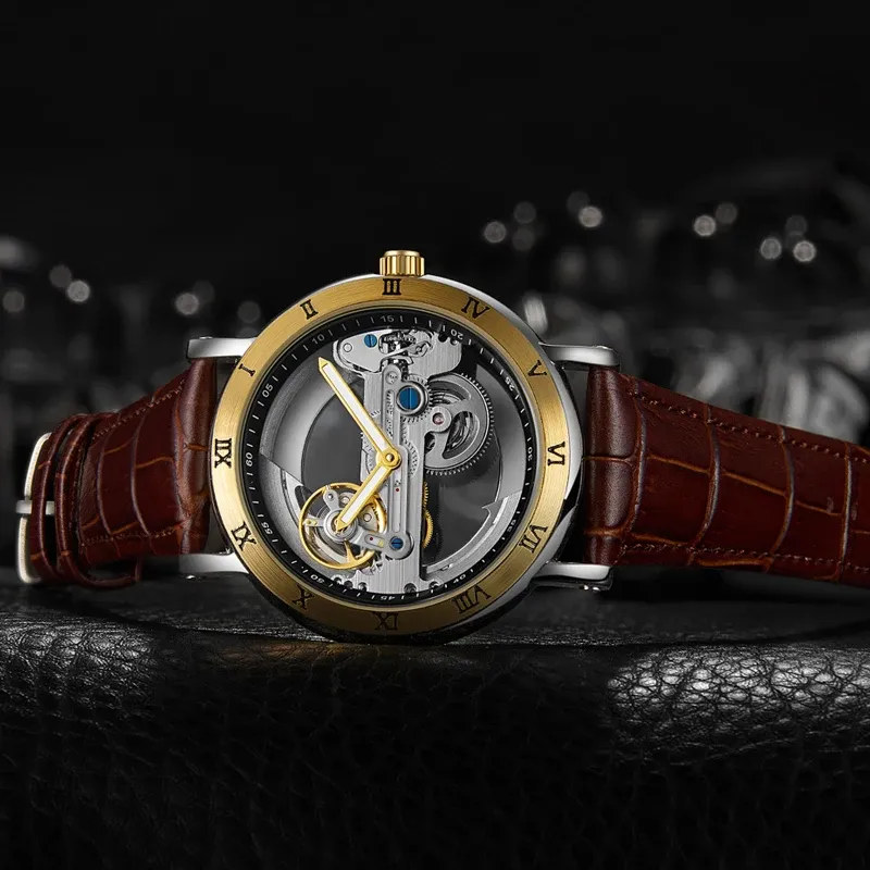Montre squelette automatique pour homme, bracelet en cuir, étanche 6
