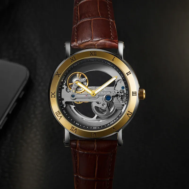 Montre squelette automatique pour homme, bracelet en cuir, étanche 5
