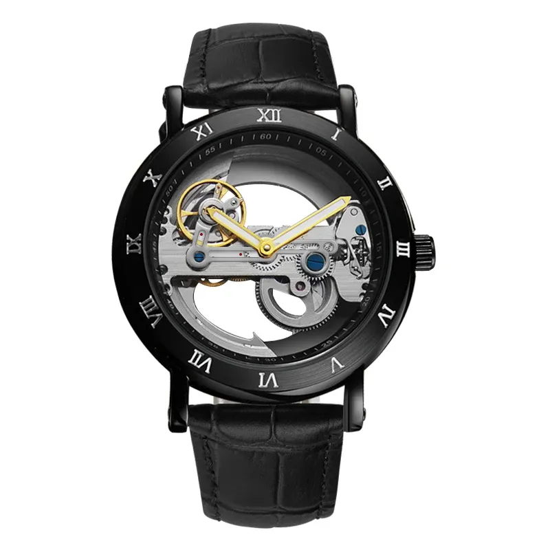 Montre squelette automatique pour homme, bracelet en cuir, étanche 8
