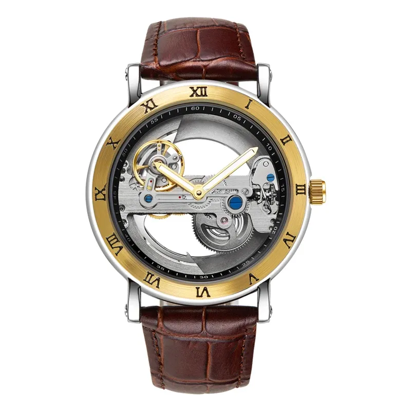 Montre squelette automatique pour homme, bracelet en cuir, étanche 7