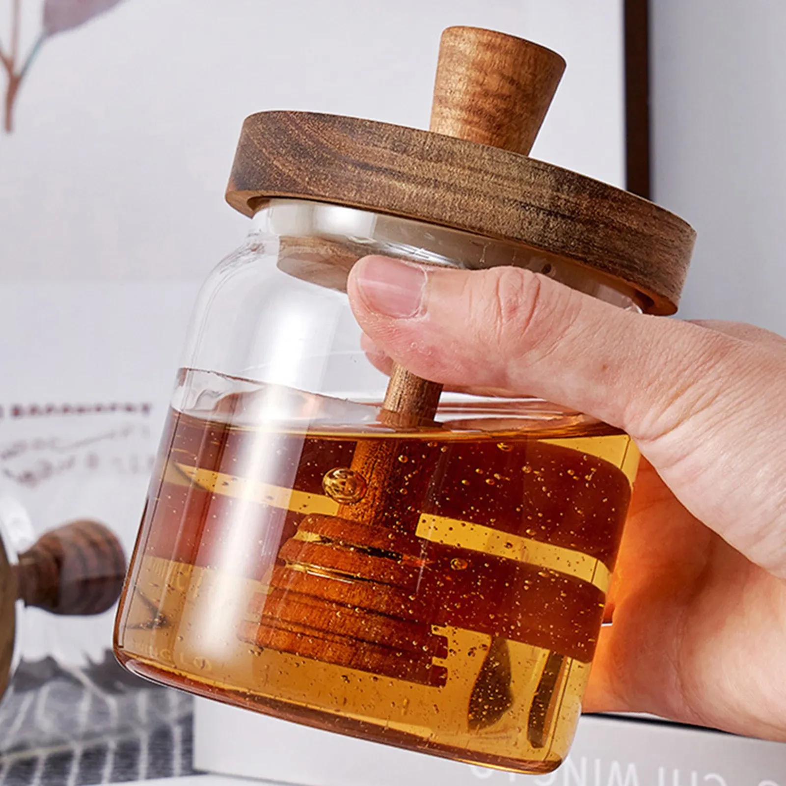 Pots à miel en verre avec trempette et couvercle, distributeur de sirop à large ouverture - Image 1