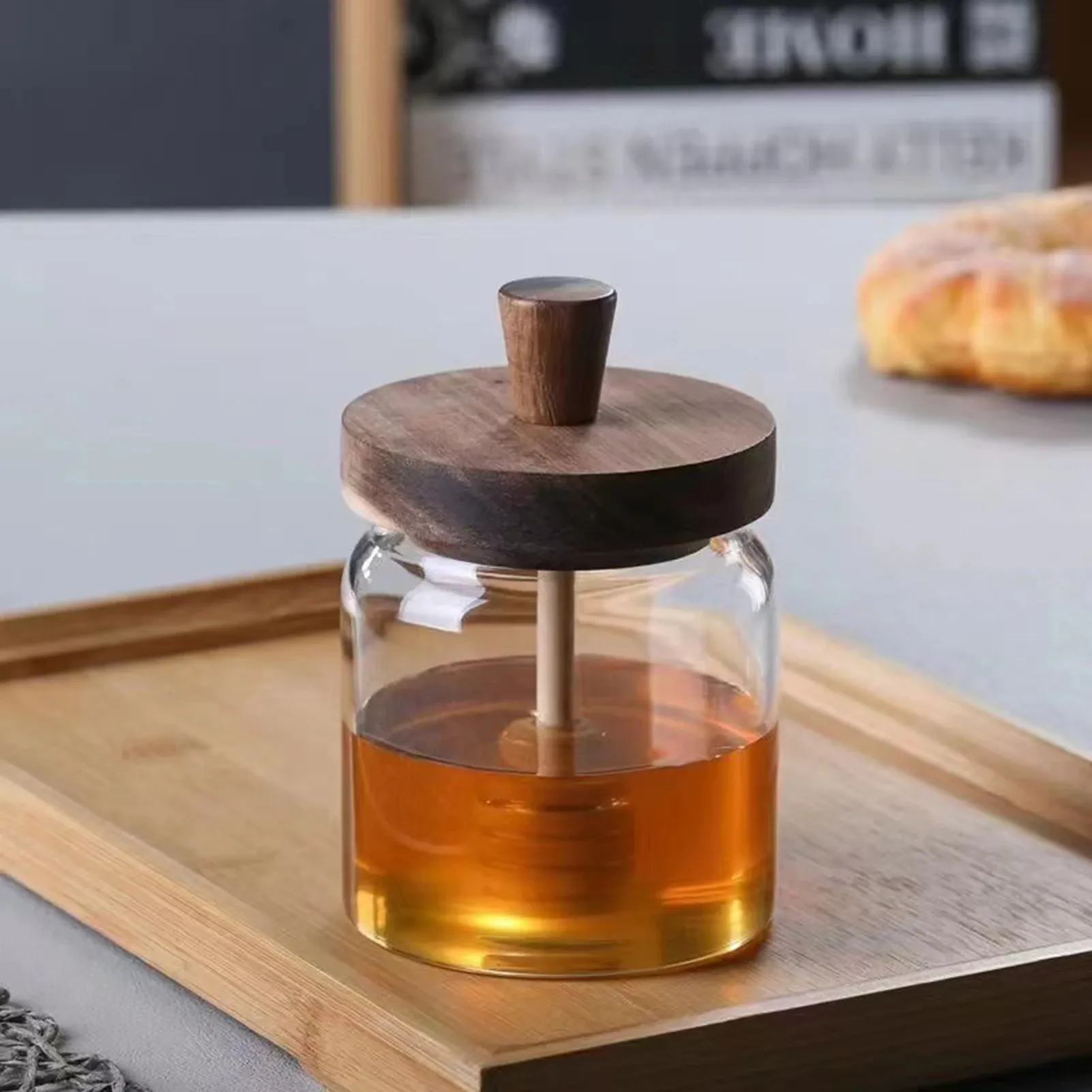 Pots à miel en verre avec trempette et couvercle, distributeur de sirop à large ouverture 2