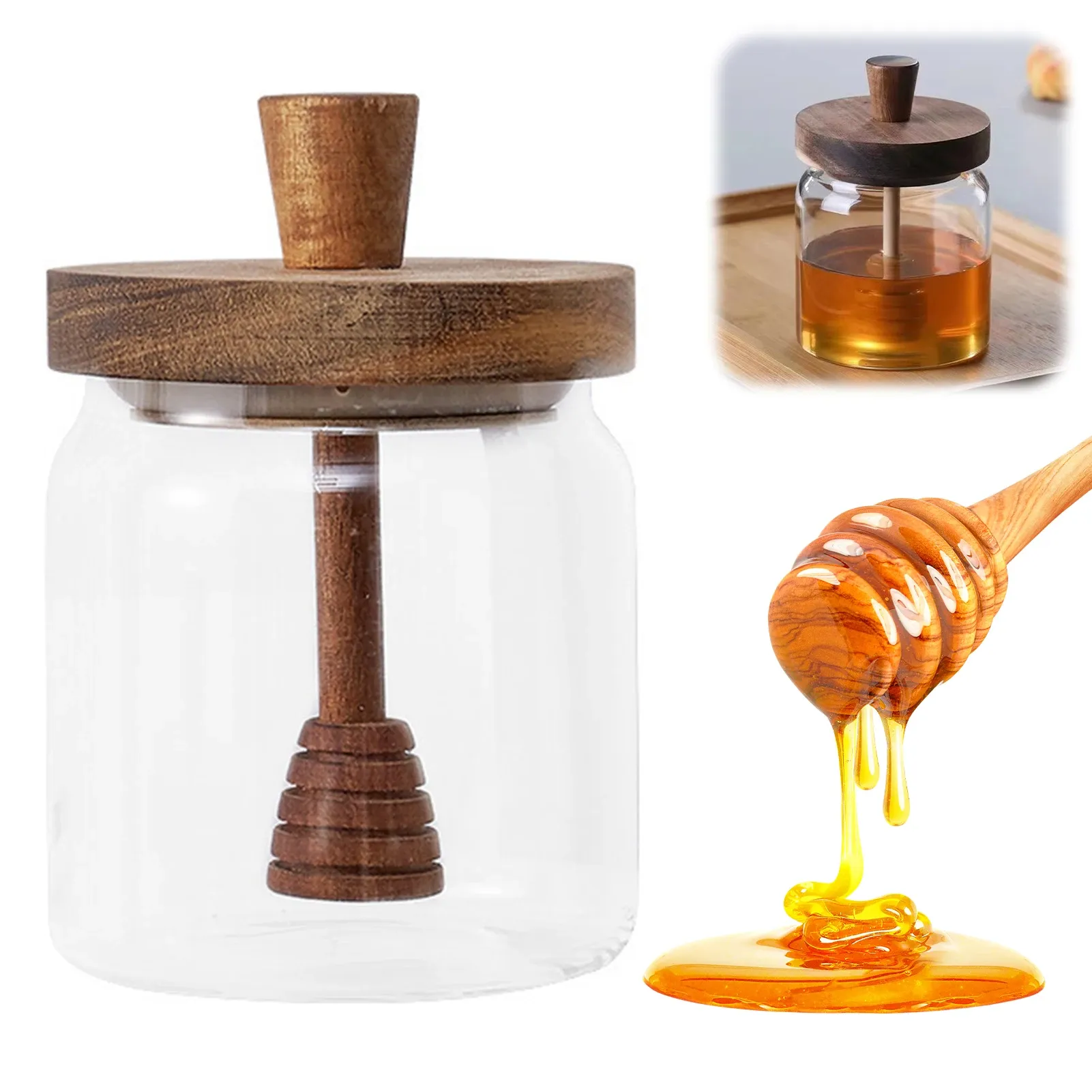 Pots à miel en verre avec trempette et couvercle, distributeur de sirop à large ouverture 6