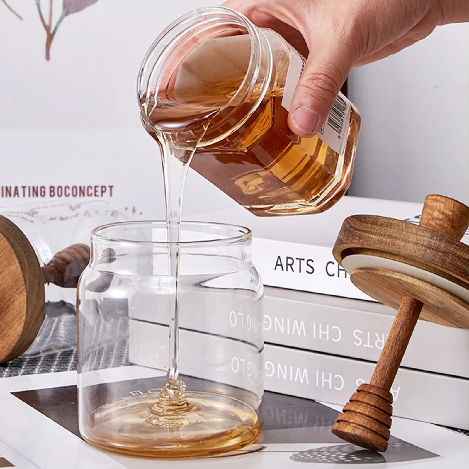 Pot à miel en verre avec louche et couvercle