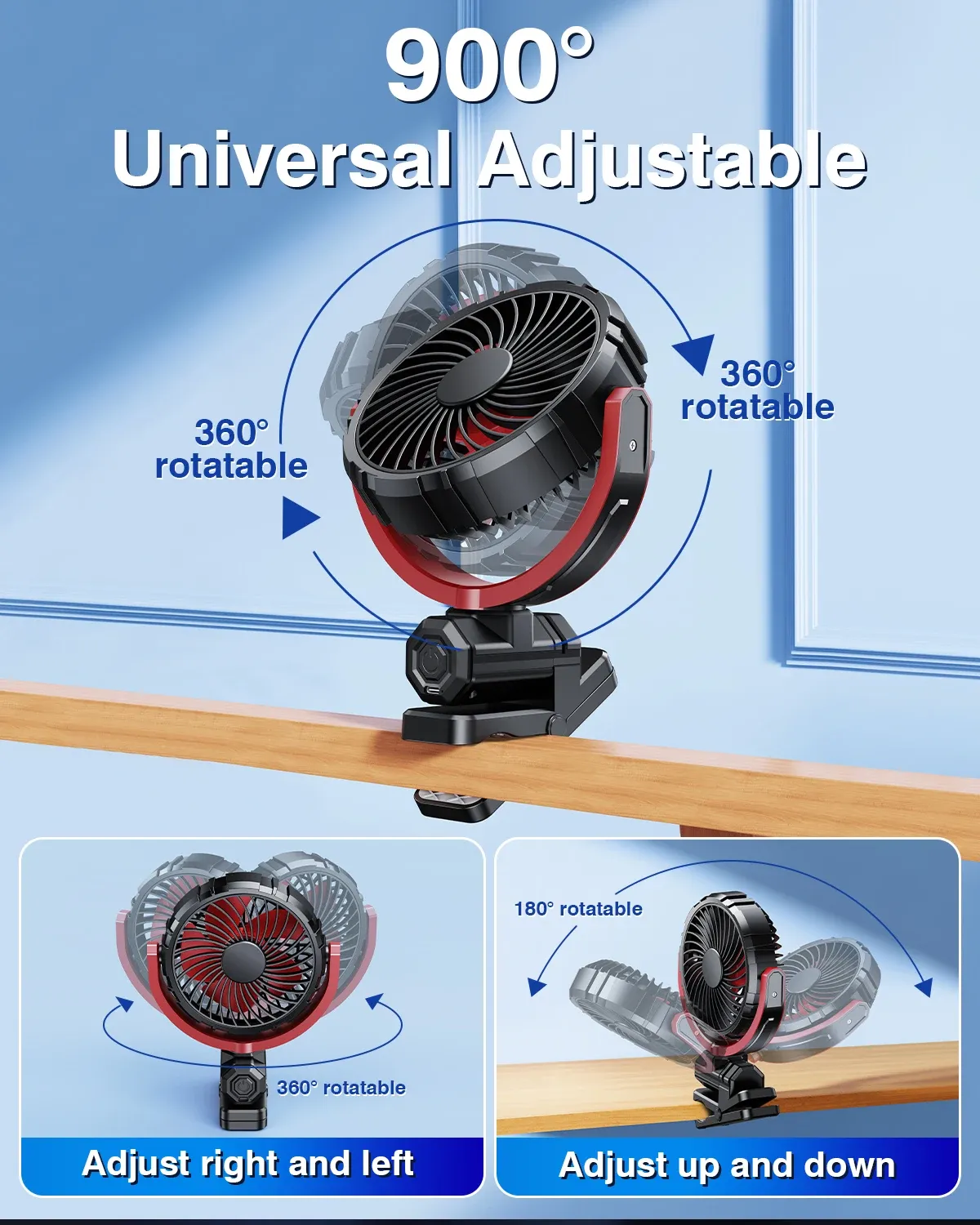 Hipacool Pince de refroidissement pour voiture, ventilateur USB rotatif à 2000° sans bavure, refroidisseur portable 900 mAh 5