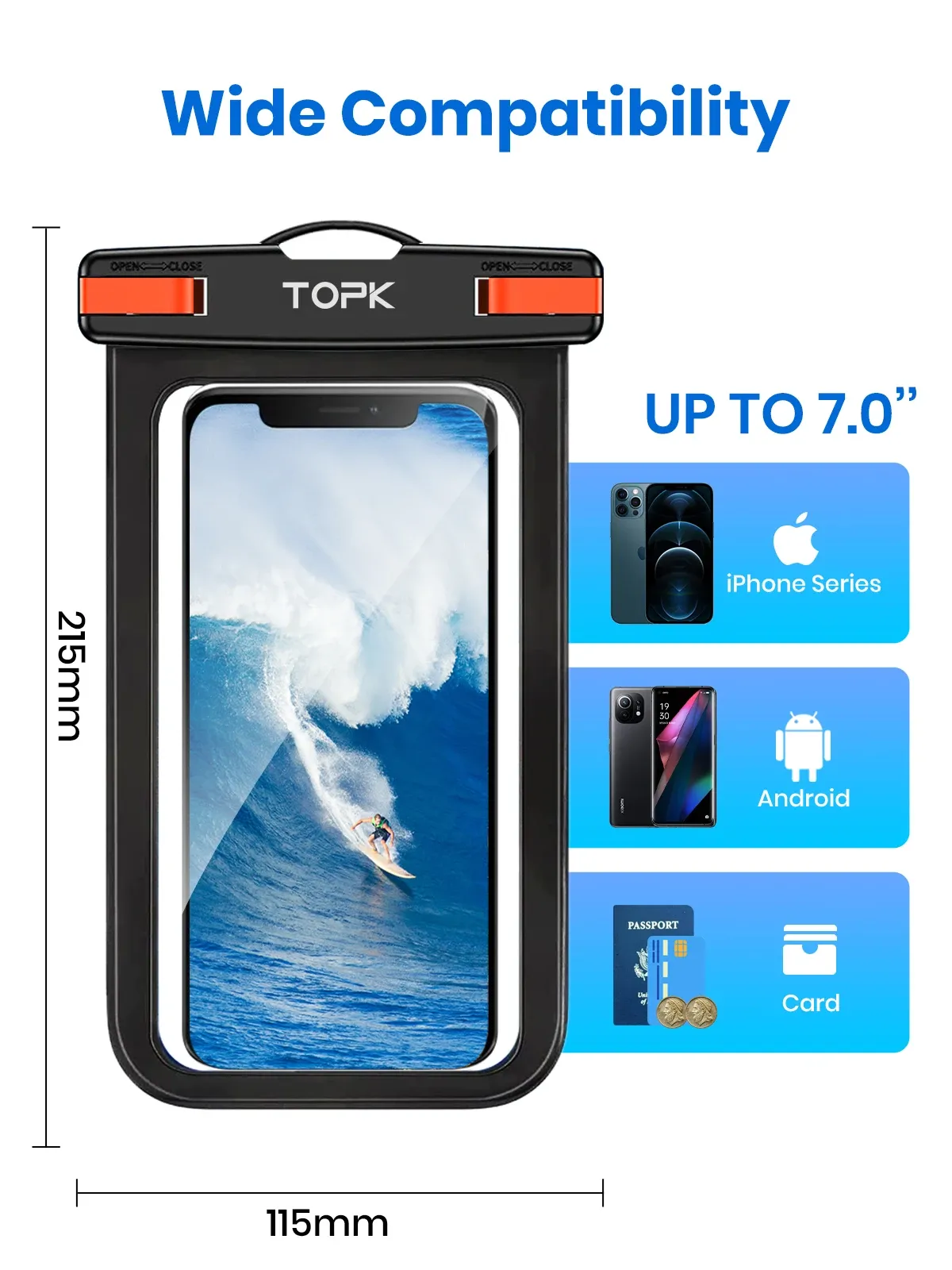 Pochette de téléphone étanche TOPK E01, étui universel IPX8 avec lanière, compatible iPhone et Samsung jusqu'à 7,0 pouces 4