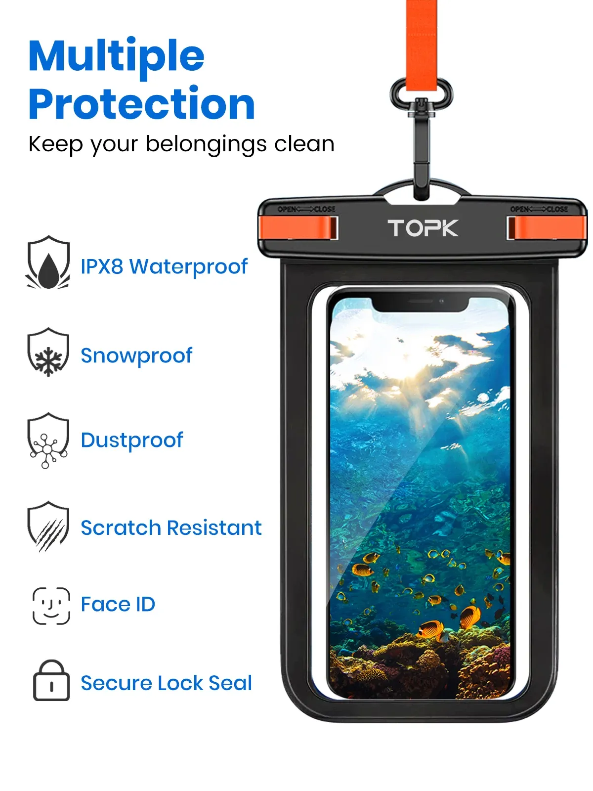 Pochette de téléphone étanche TOPK E01, étui universel IPX8 avec lanière, compatible iPhone et Samsung jusqu'à 7,0 pouces 5