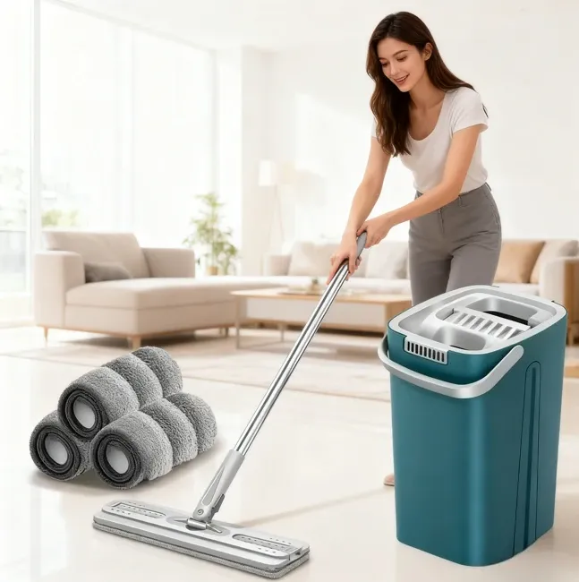 Ensemble serpillière et seau mains libres pour sols plats, avec raclette en microfibre réglable pour usage humide et sec 3