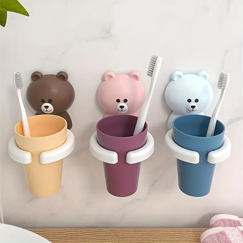 Support mural ours pour brosses à dents avec gobelet de rinçage, sans perçage