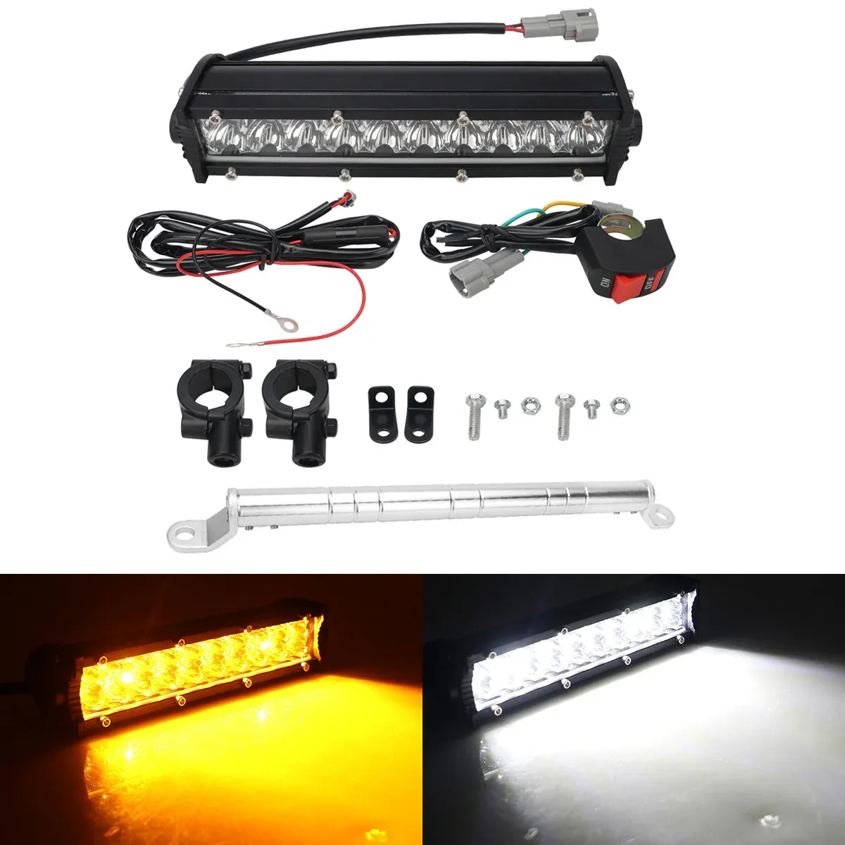 Kit de barre lumineuse LED pour phare de moto, 60 W, avec interrupteur, compatible avec la plupart des guidons de 7/8 pouces, feux clignotants blancs et jaunes 12