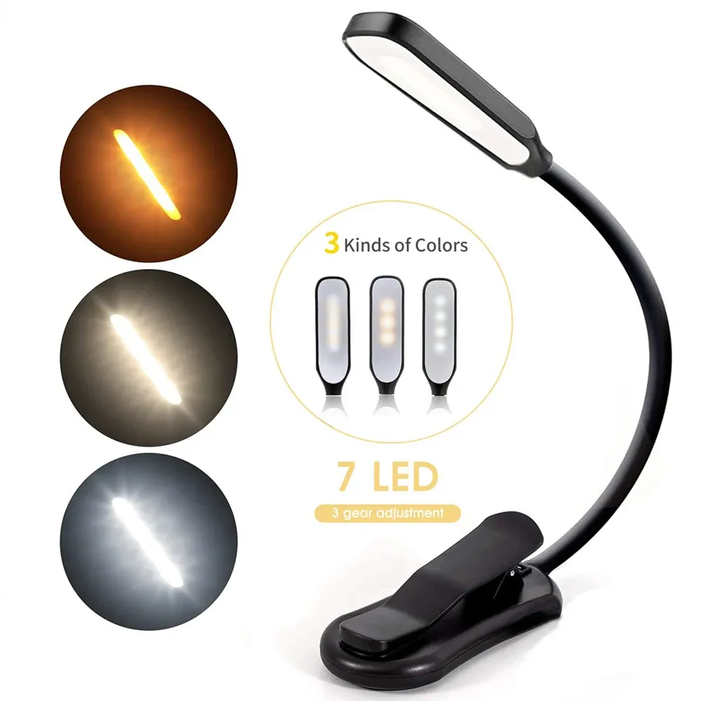 Lampe de lecture rechargeable mini à 7 LED, 3 niveaux d'intensité, lumière blanche chaude et froide, flexible, à clipser, idéale pour la lecture nocturne au lit 1