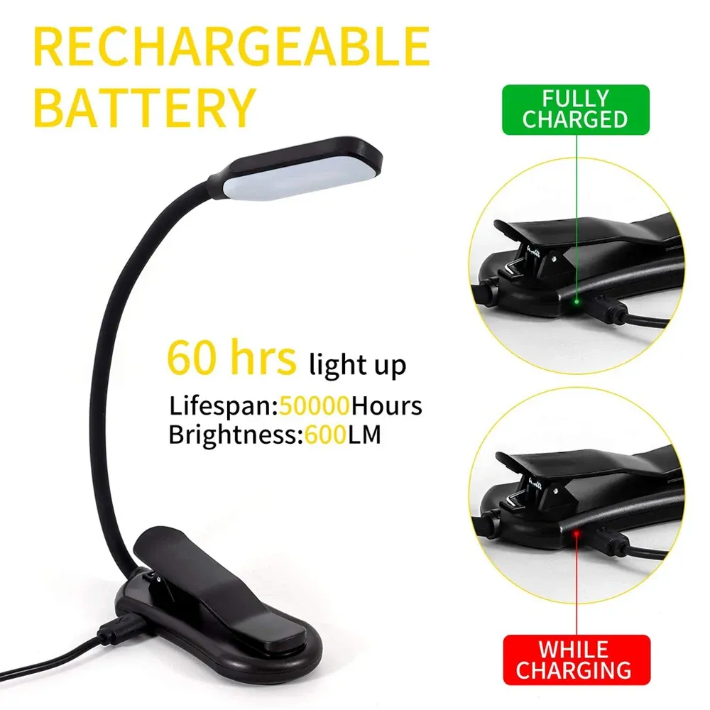 Lampe de lecture rechargeable mini à 7 LED, 3 niveaux d'intensité, lumière blanche chaude et froide, flexible, à clipser, idéale pour la lecture nocturne au lit 2