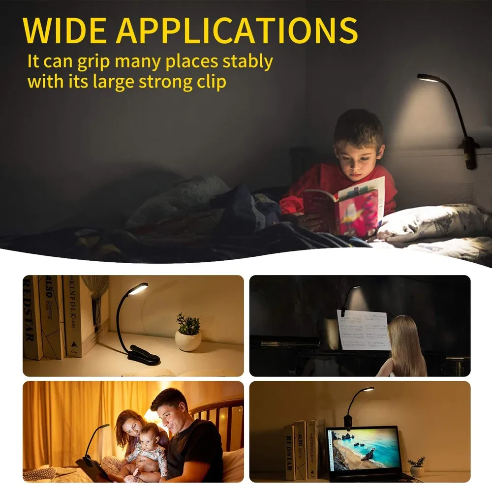 Lampe de lecture rechargeable mini à 7 LED, 3 niveaux d'intensité, lumière blanche chaude et froide, flexible, à clipser, idéale pour la lecture nocturne au lit 6