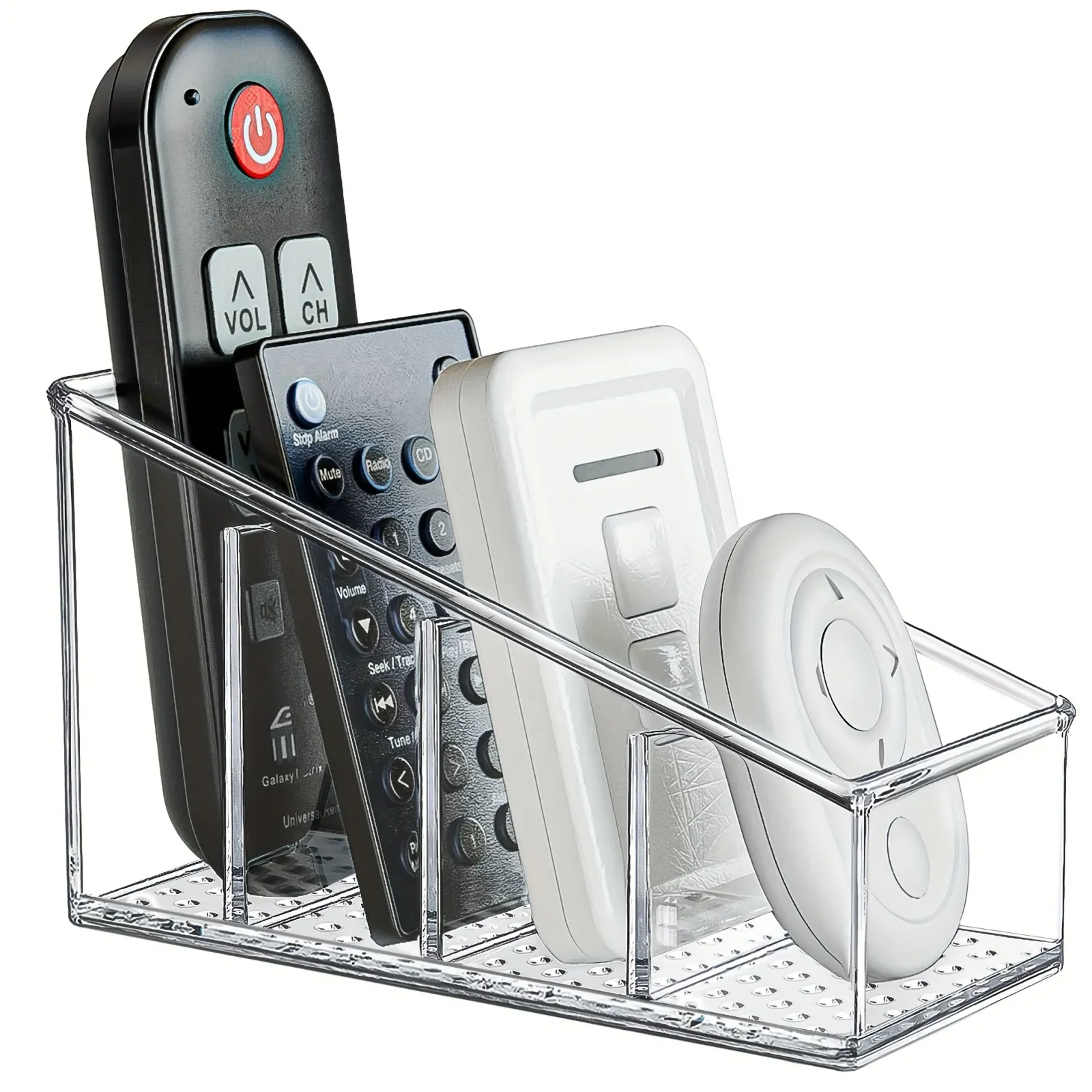 Support de télécommande transparent en plastique, vue d'ensemble