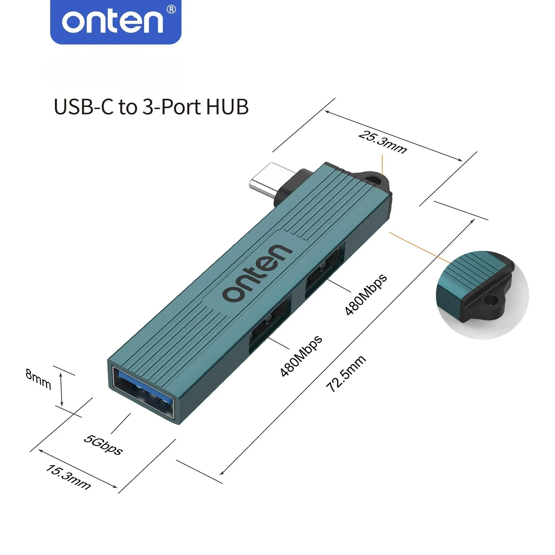 ONTEN Hub USB 3 en 1 USB 3.0/Type-C vers 3 ports USB/Type-C, vitesse 5 Gbps, hub Type-C 3 ports pour PC et ordinateur portable 6