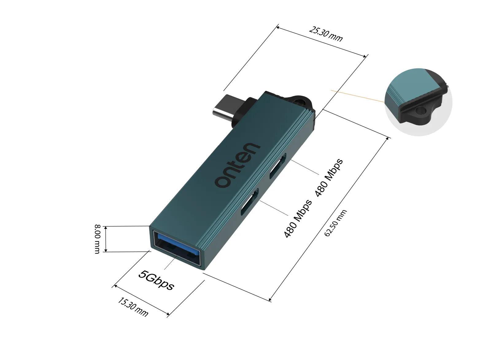 Hub USB ONTEN connecté à un ordinateur portable