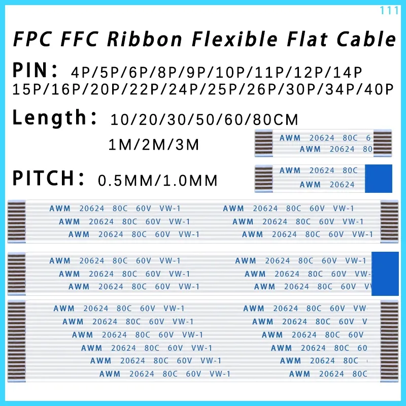 Câble plat souple FPC/FFC en nappe, lot de 10, 4, 6, 8, 10, 12, 14, 16, 18, 20, 24, 30, 34, 40, 50 ou 60 broches, pas de 0,5 mm et 1,0 mm, type A - Image 1