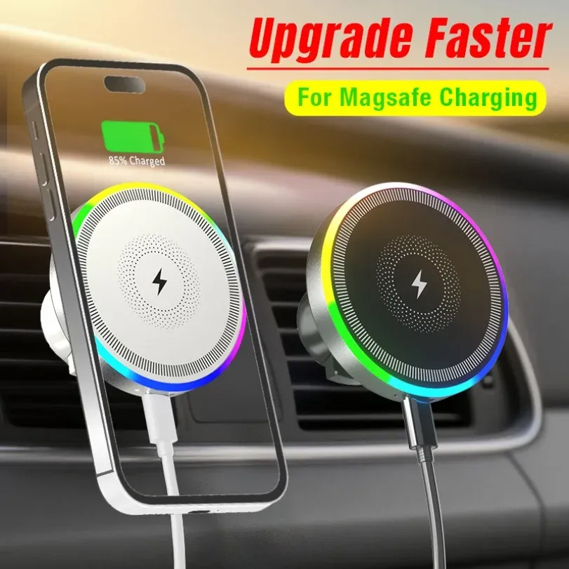 Support magnétique sans fil pour voiture avec éclairage RGB, support de grille d'aération compatible MagSafe pour iPhone 16, 15, 14, 13, 12 Pro Max, station de charge rapide