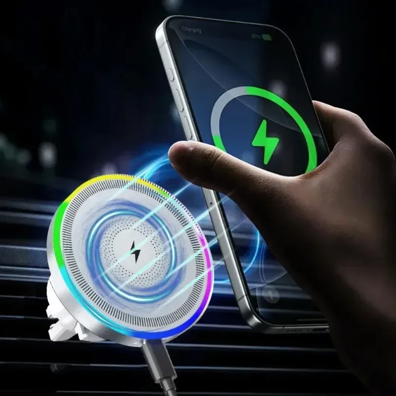 Support magnétique sans fil pour voiture avec éclairage RGB, support de grille d'aération compatible MagSafe pour iPhone 16, 15, 14, 13, 12 Pro Max, station de charge rapide 2