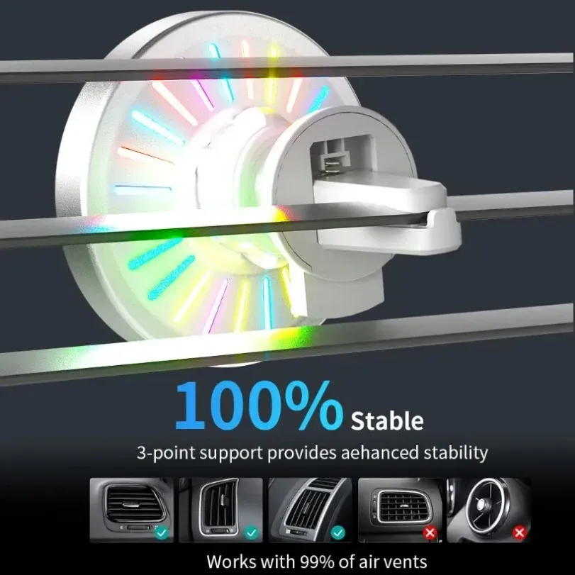 Support magnétique sans fil pour voiture avec éclairage RGB, support de grille d'aération compatible MagSafe pour iPhone 16, 15, 14, 13, 12 Pro Max, station de charge rapide 5