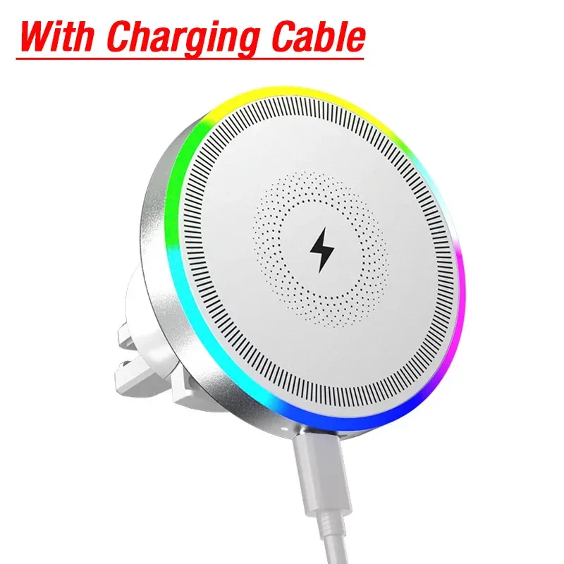 Support magnétique sans fil pour voiture avec éclairage RGB, support de grille d'aération compatible MagSafe pour iPhone 16, 15, 14, 13, 12 Pro Max, station de charge rapide 9
