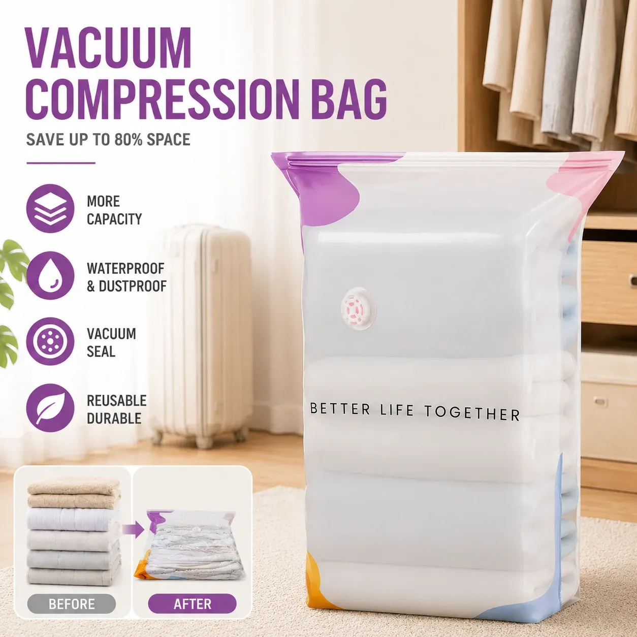 Sacs de compression sous vide sans pompe (lot de 3 ou 5), grande capacité, résistants à l'humidité, pour vêtements et literie