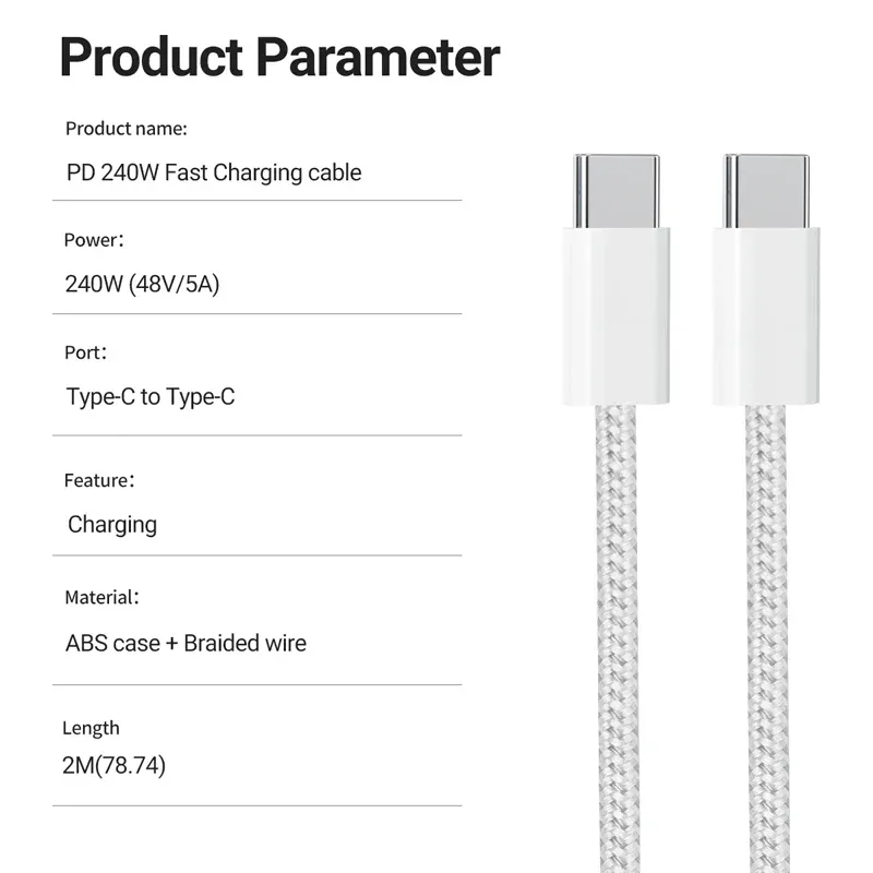 Câble de charge USB-C vers USB-C 240 W, câble tressé PD à charge rapide Type-C pour iPhone 15, 16, 17E, 17 Max, iPad Air, MacBook Pro, ASUS, DELL 6