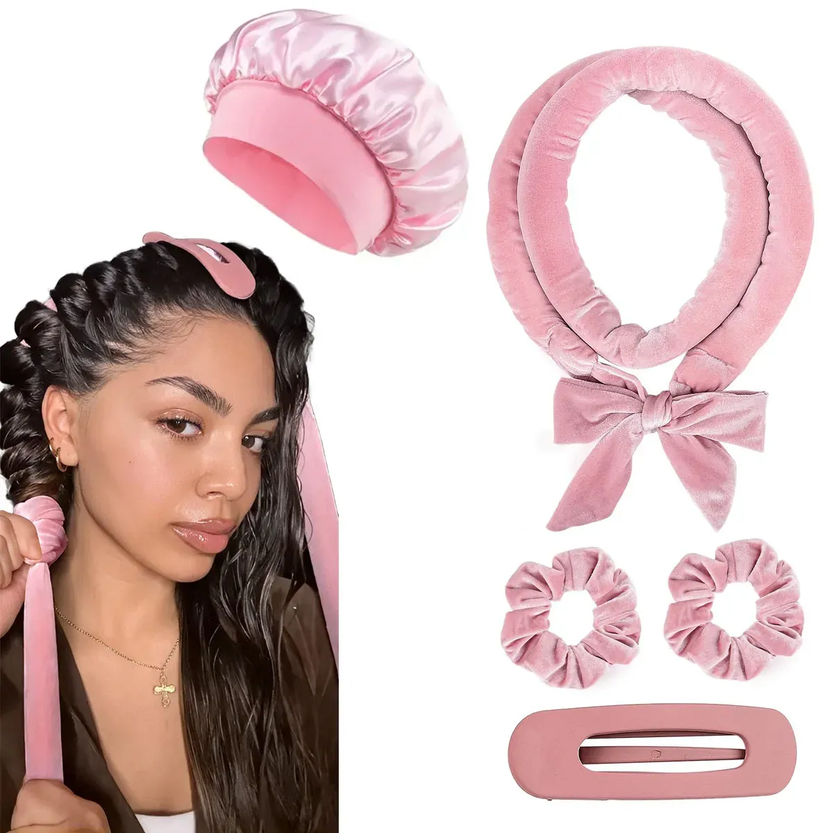 Bigoudis sans chaleur en satin avec bandeau doux, bonnet de nuit pour boucles, outils de coiffure 11