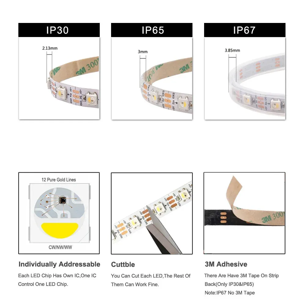 Bande LED RGBW 4 en 1 SK6812 adressable individuellement, 30/60/144 LED/m, IP30/65/67, 5 V CC 3