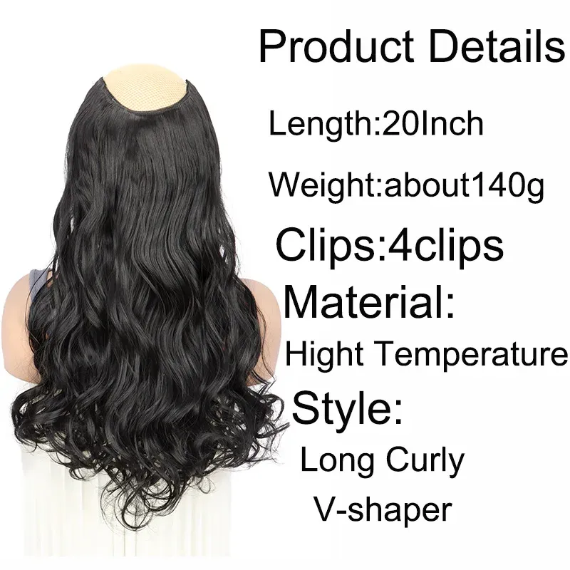 Extension Capillaire Synthétique Longue et Ondulée en V, 4 Clips, 20 Pouces, Blonde Noire, pour Femme 3